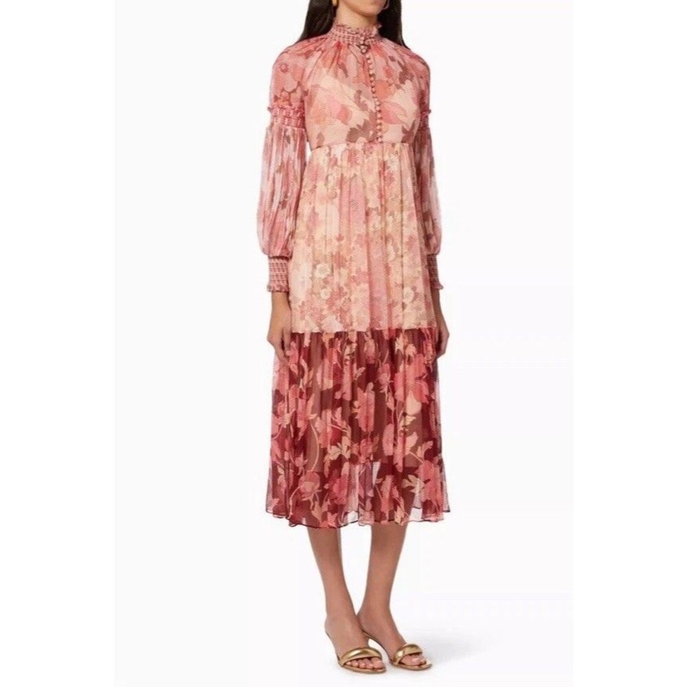 Zimmerman 1 Small Concert Spliced Lantern Midi Dress in Silk Georgette Floral